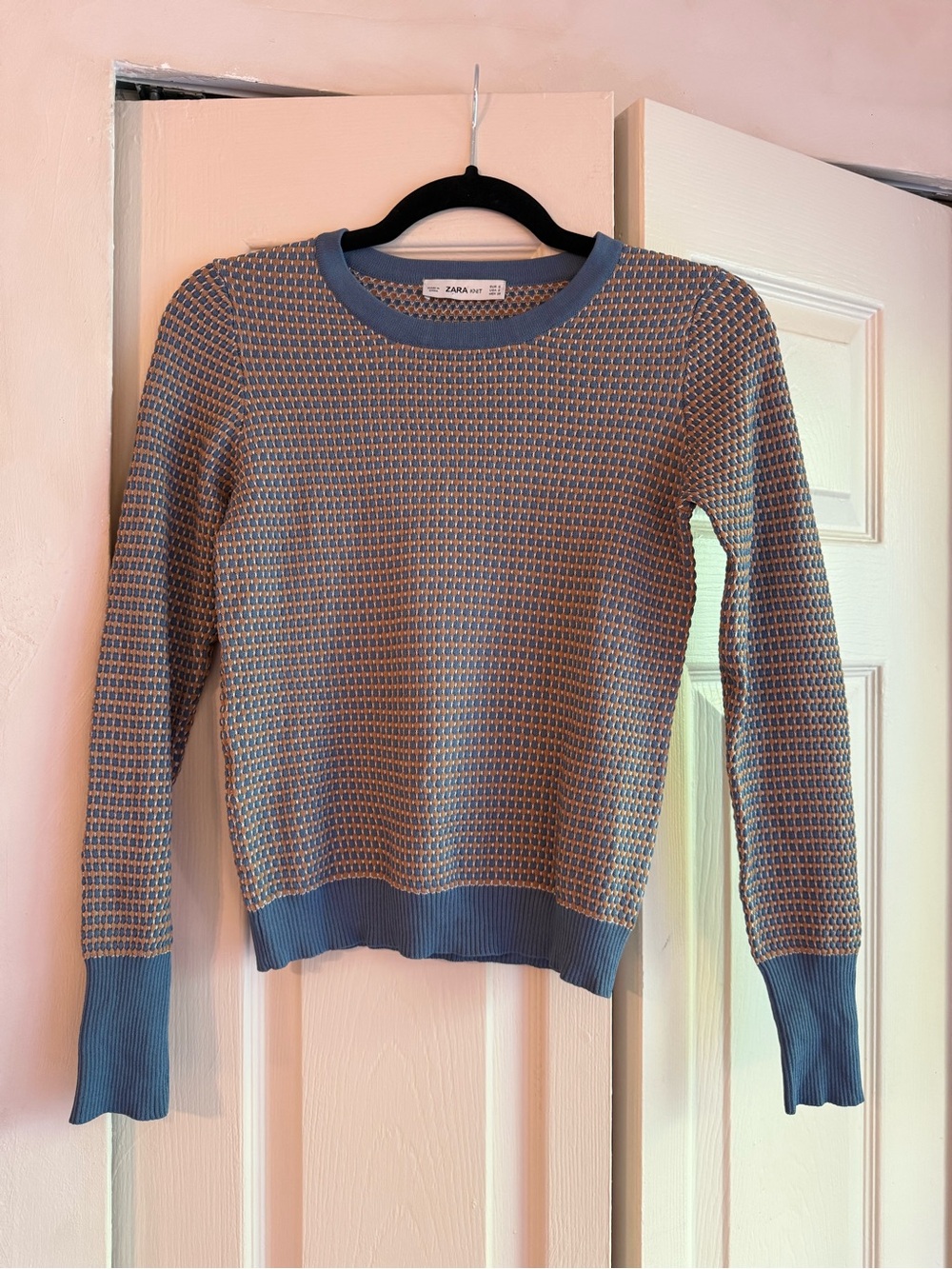 Zara Blue and Beige Textured Crewneck Sweater